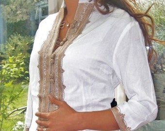 Spring White Shirt Tunic Handmade White & Gold Brown Moroccan Tunic, Embroidered Tunic, Shirt, , Resort wear, bohemian, boho,dress,, Ramadan