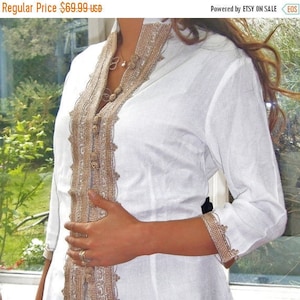 Summer White Shirt Tunic Handmade White & Gold Brown Moroccan Tunic, Embroidered Tunic, Shirt, , Resort wear, bohemian, boho,dress,,holiday