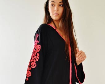Summer Black Floral Marrakech Bohochic Kaftan Caftan, Stay home Kaftan, Loungewear, Dress, Embroidered kaftan, Lounge Kaftan, Moroccan,
