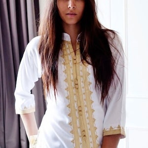 Handmade White & Gold Brown Moroccan Tunic-birthday gifts, beach, resort wear, honeymoon gifts, bohemian, gifts for her,  gifts,holiday,Eid