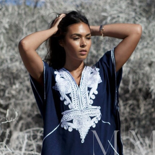 MM OriginalDress Kaftan Caftan-Navy Blue &Silver Boho Marrakech,Beach dress,beach cover ups, resort dress, lounge,plus size,Gifts for her