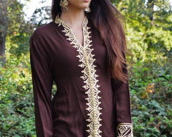 Spring Brown Tunic Dress with Gold Embroidery-Samia- perfect  birthday gifts,resort wear, Valentine's day,  wear, boho dresses,beach kaftan