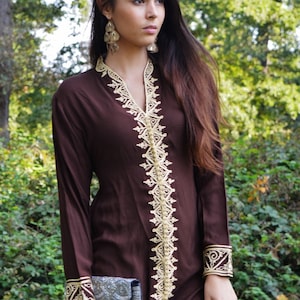 Spring Brown Tunic Dress with Gold Embroidery-Samia- perfect  birthday gifts,resort wear, Valentine's day,  wear, boho dresses,beach kaftan