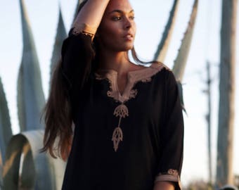 Spring Tunic Dress Black Brown Embroidery Moroccan Tunic Khalia- gifts, holiday wear, casual wear, resortwear, beach wear, dress,,,Ramadan