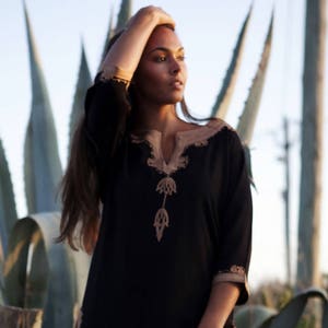 Spring Tunic Dress Black Brown Embroidery Moroccan Tunic Khalia gifts, holiday wear, casual wear, resortwear, beach wear, dress,, image 1