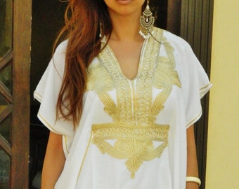 Caftan blanc original caftan maxi robe marocaine Marrakech - blanc avec broderie dorée, tenues de plage, cadeaux d'anniversaire, robe, caftan de plage