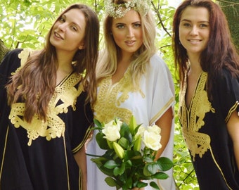 Set of 10 + Bridesmaid robes,Bridesmaid gifts, Black Gold Marrakech One Size Moroccan Kaftan-Beach wedding, bridal shower party, baby shower