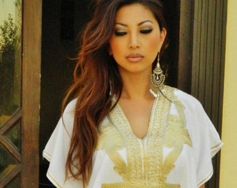 Summer White Kaftan Dress Kaftan Moroccan Resort Caftan Kaftan Marrakech-White Gold Embroidery, beach cover ups, resort , dress, , ,