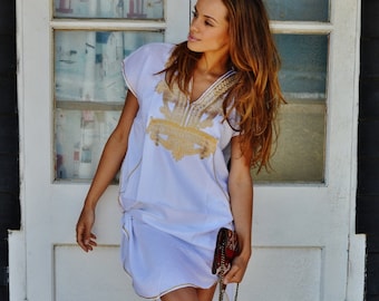 Spring Dress Trendy Finds| White and Gold Marrakech Resort Tunic Caftan Kaftan-beach cover ups, resortwear,lounge, s, ,home dress, dress,