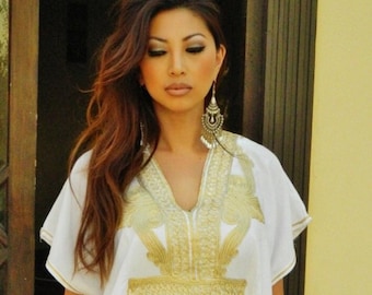 Summer Dress Kaftan Moroccan Resort Caftan Kaftan Marrakech - White Gold Embroidery, beach cover ups, resortwear gift,  Mother's day