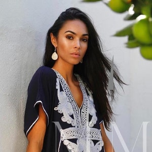 Höstkaftankaftan - marinblå bomullskaftan, silverbroderi, bohemisk Marrakech-resortklänning, perfekt present till henne, semesterklänning, hemklänning