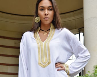 Mariam  White Tunic with Golden Embroidery- , birthday gifts, resort shirt, beach cover ups, resortwear, beach shirt, dress,,,,Gifts for her