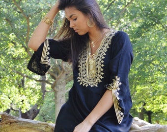 Spring Black Tunic Dress with Gold Embroidery Marrakech Boho Tunic -Casual wearwear, resortwear, boho, tunic dress gifts,,Gifts for her