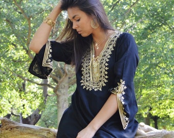 Vestido de túnica negra de primavera con bordado dorado Túnica boho de Marrakech -Ropa casual, ropa de resort, boho, regalos de vestido de túnica,,Regalos para ella