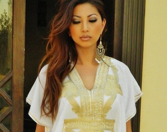 Sommarresort Kaftan Kaftan Marrakech - Vitt guld broderi, strandklänningar, resortkläder, strandkaftan presenterPresenter till henne, klänning