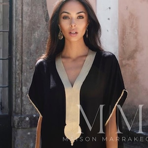 Spring Summer Black Gold Caftan Kaftan Gandora -Lounge resort kaftan,beach kaftan,home dress,Gift for her,moroccan holiday dress,Eid