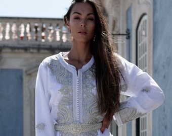 Summer Dress Kaftan Moroccan Modern White Silver  Embroidery Caftan Kafan-Millia-moroccan parties, weddings,abbayas, dress, Mother's day