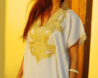 Spring Dress White Caftan Kaftan Maxi Dress Marrakech - White with Gold Embroidery, dress,beach kaftanholiday wear,,,,Spring dress