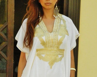 Spring Resort Caftan Kaftan Marrakech - White Gold Embroidery,  beach cover ups, resort wear,beach kaftan gifts,,Gifts for her,summer dress