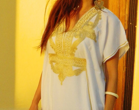 White with Gold Embroidery Marrakech Resort Kaftan-perfect  Mothers day, gifts for her, wedding , birthday gifts, maternity gifts,