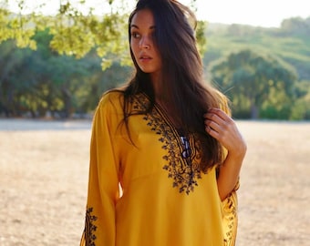 Summer Mustard Tunic Dress,loungewear,resortwear,bohemian clothing, embroidery top,Summer dress,Gifts for her,holiday dress,