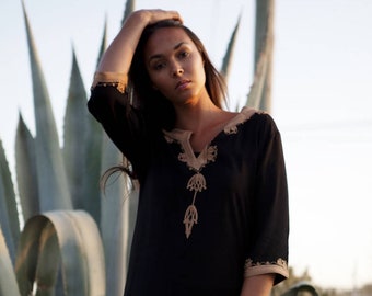 Spring Tunic Dress Black Brown Embroidery Moroccan Tunic Khalia- gifts, holiday wear, casual wear, resortwear, beach wear, dress,,