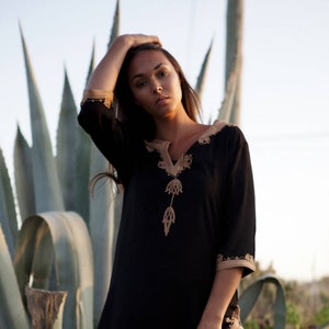 Summer Tunic Dress Black Brown Embroidery Moroccan Tunic Khalia- gifts, holiday wear, casual wear, resortwear, beach wear, dress,,,holiday