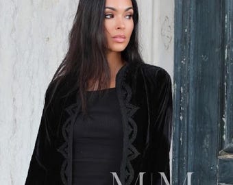 Summer Long BLACK Velvet Luxury Jacket Embroidery- gifts, bohemian jacket, velvet, gift for her,moroccan jacket,seasonal gift,gift for her