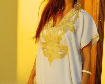 White with Gold Embroidery Marrakech Moroccan Bohemian Resort Kaftan-trendy finds,  birthday gifts, cover ups, dresses,,,,Gifts for her