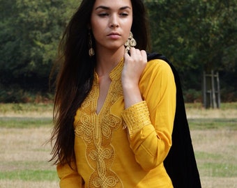 Tunic Clothing Dark Yellow  Moroccan Bedouin shirt, tunic, resort wear wear, beach wear, handmade tunic, Marrakech tunic shirt, fall tunic