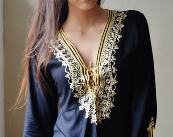 Spring Tunic Black with Gold Embroidery Traditional Marrakech Tunic Dress - Casualwear, resortwear, dress,, gift,,Gifts for her,summer dress