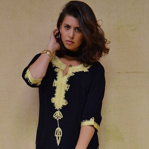 Bohemian Black with Gold Embroidery Moroccan Tunic Khalia-resortwear,cruise holiday tunic, handmade tunic,gifts for her,  gifts,holiday,Eid