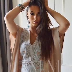 Autumn Beige Caftan Resortwear with Grey Embroidery -loungewear, resortwear, Birthday gift,home dress,beach kaftan,maternity,holiday gift