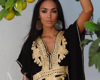 Summer Kaftan dress, Moroccan Black Gold Resort Caftan-beach cover up,loungewear,maxi dress,maternity, vacation,home dress,