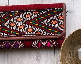 Moroccan Rec Kilim Hand Clutch with Shoulder Straps Berber style-bag, handbag, purse, no.1 gifts, gifts  her  Ramadan,,Gifts for her