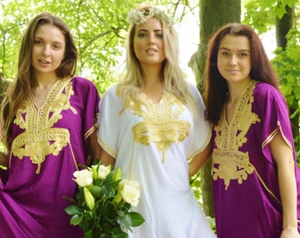 Set of 5 Bridesmaid robes,Bridesmaid gifts, White Gold Marrakech One Size Moroccan Kaftan-Beach wedding, bridal shower party, baby shower