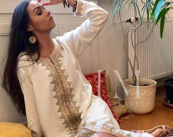 Printemps Caftan Kaftan Blanc &Beige kaftan Maxi Dress- Karima-loungewear, caftan de plage, robe marocaine d’automne, fête des mères, robe d’été