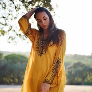 Spring Dress Mustard Tunic Dress,loungewear, resortwear, bohemian clothing, embroidery top, Spring dress,Spring dress,,Gifts for her image 2