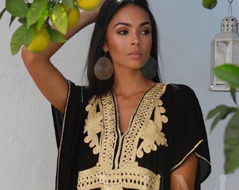 Sommar Svart Guld Marrakech Resort Kaftan Kaftanklänning - strandklänningar, resortkläder, födelsedagspresenter, maxiklänningar, resortklänning, hemmaklänning