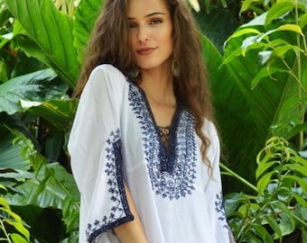 Spring White Navy Blue Marrakech Tunic Dress,loungewear, resortwear, bohemian clothing,embroidery top,beach top,gift for hers