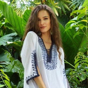 Spring White Navy Blue Marrakech Tunic Dress,loungewear, resortwear, bohemian clothing, embroidery top, Spring Dress, Moroccan Dress,