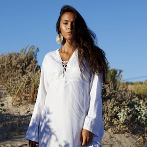 Autumn White Tunic Embroidered Dress-Karmia&#39;s Syle,  gifts, beach, resort, holiday, bohemian wear, boho, Moroccan,  gifts,,,,Gifts for her