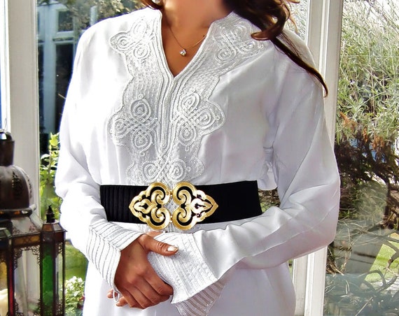 White Moroccan Maxi Dress Caftan Kaftan - Bedouin - loungewear,resortwear,spa robe,  Valentine's, Birthdays,Honeymoon or Maternity Gifts,