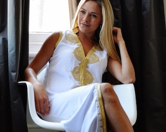 Autumn White Kaftan Non Sleeve Boho Caftan-Kenza-Kaftan, Caftan, resort wear,beach cover up, beach dress, beach wedding, birthday gifts