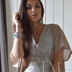 Summer Kaftan, Beige Silver Resort Caftan-lounge dress,beach dress,home dress, birthday gift,gift for her,resort dress,holiday gift,Eid,Eid