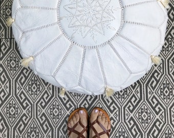 Spring White Moroccan Leather Pouf with Tassels & Pompoms -Home gifts, wedding gifts,birthday gifts, ottoman,  decor,,father's day gift