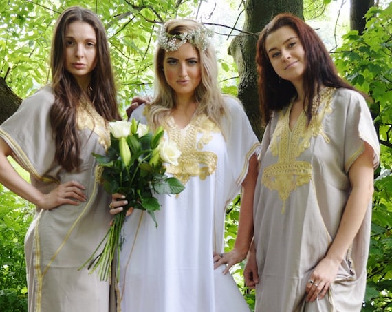 Set of 6 Bridesmaid robes,Bridesmaid gifts, Beige Gold Marrakech One Size Moroccan Kaftan-Beach wedding, bridal shower party, baby shower
