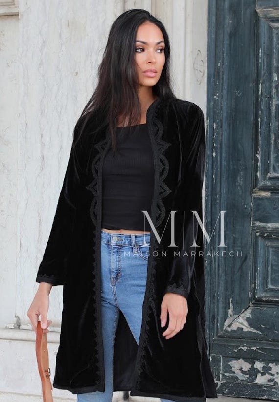 Summer Long BLACK Velvet Luxury Jacket Embroidery- gifts, bohemian jacket, velvet, Summer clothing, moroccan,gift for her,  gift,holiday,Eid