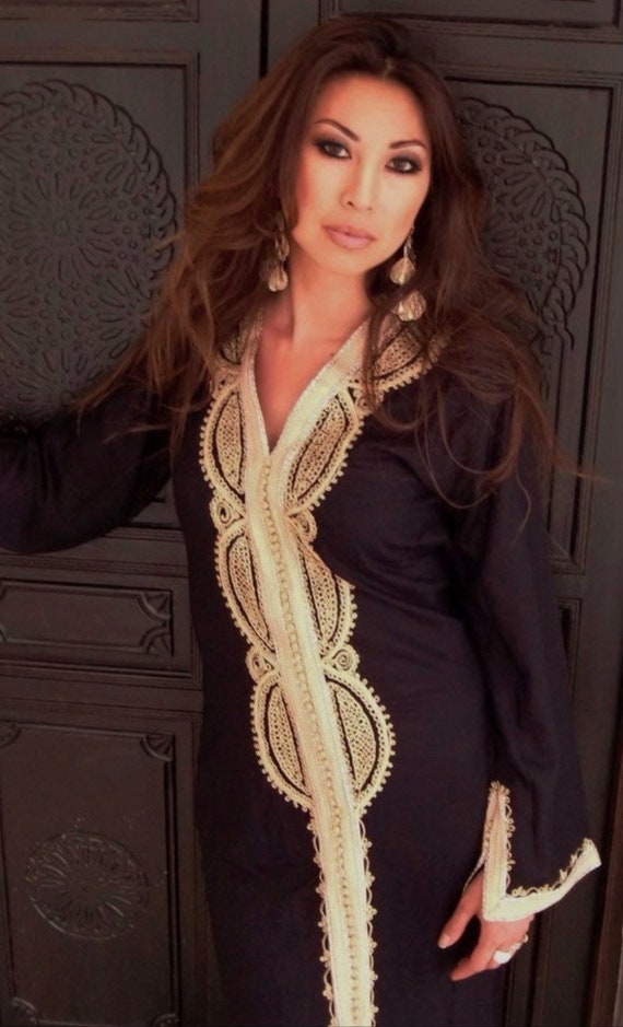 Spring Dress Black Moroccan Caftan Kaftan -Lella -loungewear, traditional abayas, resortwear, Birthdays,Maternity Gifts,,,,Gifts for her