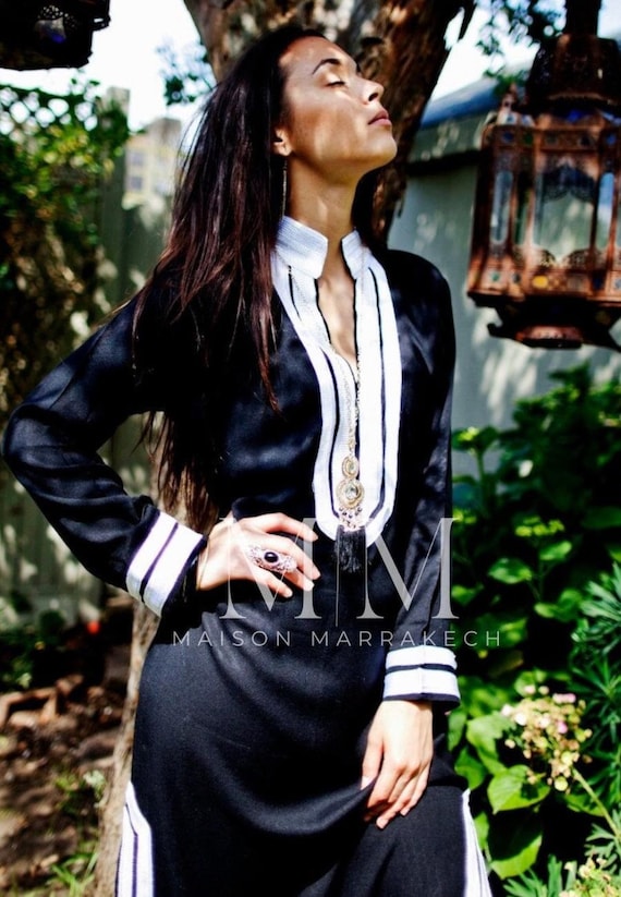 Summer Kaftan Mariam Black White Caftan-loungewear, resort dress, gift for her, wedding gift,beach cover up,moroccan kaftan,,summer dress